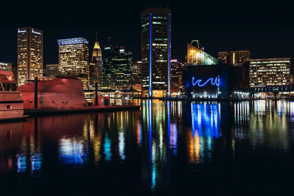 city skyline during night time