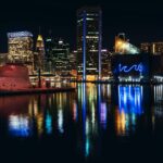 city skyline during night time